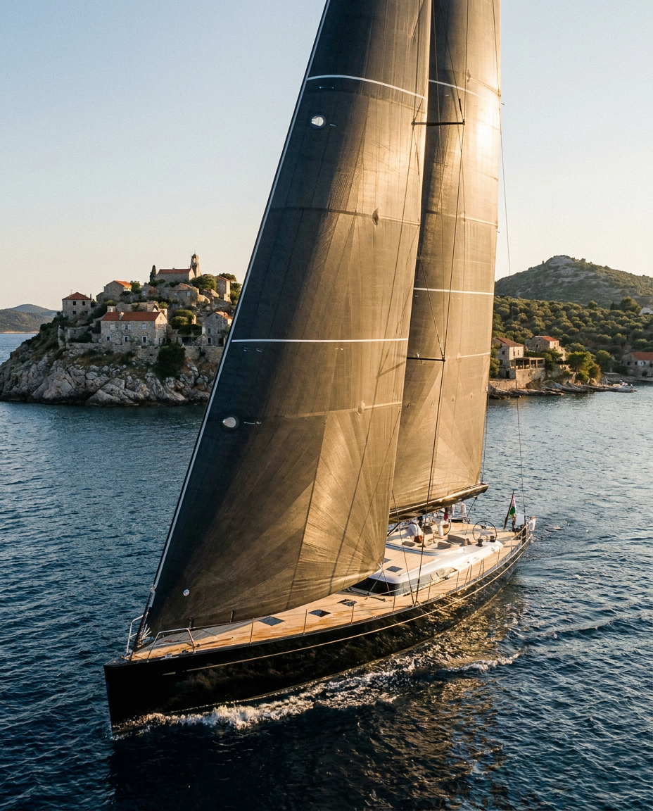 Sleek sailing yacht with a black hull sailing between Mediterranean islands