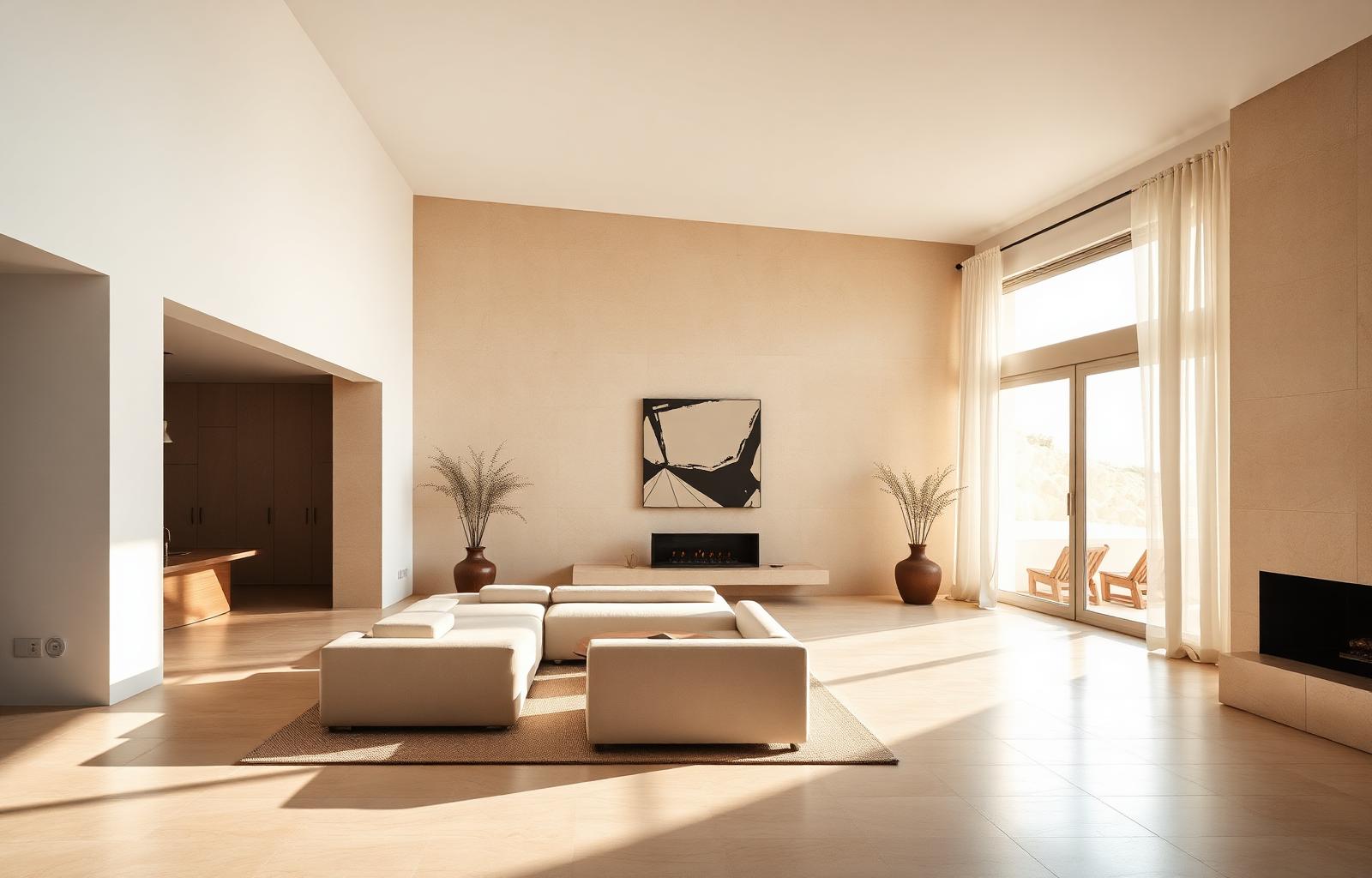 Minimalist Mallorcan villa interior bathed in warm sunlight